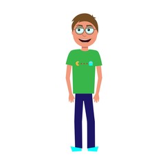 flat cartoon vector character of geek isolated on white background