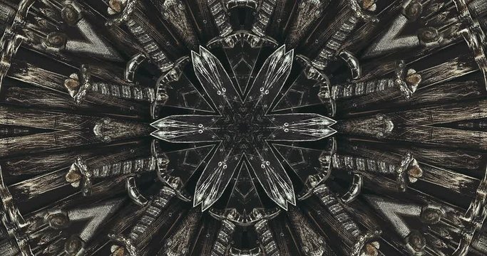 Fractal kaleidoscopic background. Dramatic background motion with fractal design. Military concept. Medieval war, swords and battles of knights and kingdoms.