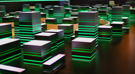 abstract view of urban buildings or boxes arrangement, representing concepts of futuristic data or cyberspace and connectivity ideas