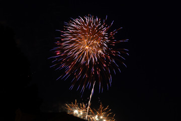 Red, orange, and blue fireworks display on the Fourth of July