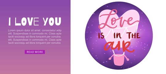 Hot air balloon flying hearts romantic concept web banner, vector illustration. Love is in the air quote for Valentine day or wedding services.