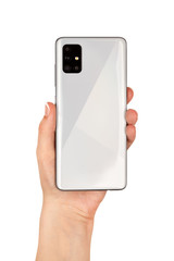 Smartphone With Three Cameras In Hand On A White Background.