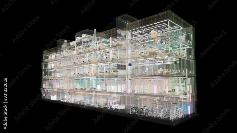 Poster visualization of a bim model of an office building with transparent walls