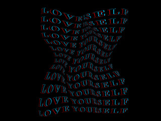 Love yourself distorted mesh typography on a female body in 3d retro style red and cyan