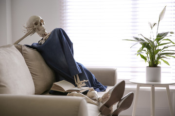 Human skeleton with book on sofa indoors