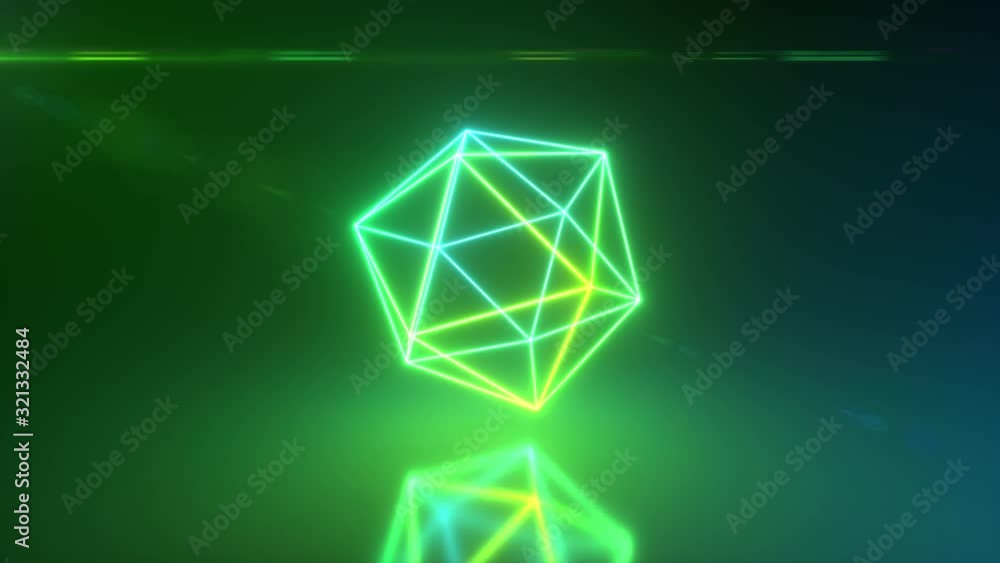 Poster abstract neon polygon rotating shape. modern green color spectrum light. seamless loop 3d render