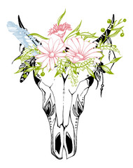 Cow, buffalo, bull skull in tribal style with flowers. Bohemian, boho vector illustration. Wild and free ethnic gypsy symbol.