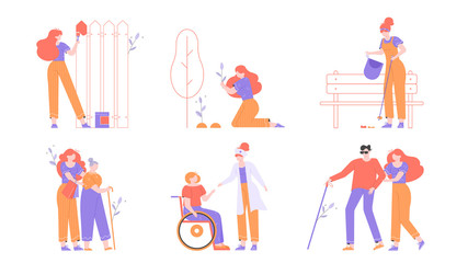Caring for the environment and people. Volunteering and kindness. Girl character in different life situations. Painting the fence, reforestation, cleaning the streets, helping the elderly and disabled