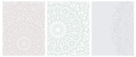 Set o 3 Abstract Oriental Vector Layouts with Rossete Print. Hand Drawn Mandala Isolated on a Brown, Green and Light Gray Backgrounds. Simple Creative Prints with no Text, ideal for Cover,Layout,Card.
