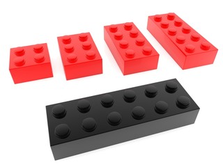 Red toy bricks of different sizes with a black toy brick in the foreground