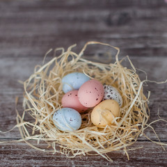 Multi-colored Easter eggs in a nest on a dark wooden table