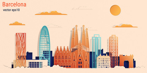Barcelona city colorful paper cut style, vector stock illustration. Cityscape with all famous buildings. Skyline Barcelona city composition for design.