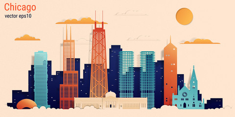 Naklejka premium Chicago miasto kolorowy papier cięcia styl, czas ilustracji wektorowych. Pejzaż miejski ze wszystkimi słynnymi budynkami. Skyline Chicago kompozycja do projektowania.