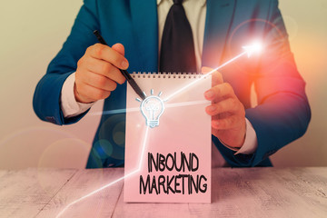 Conceptual hand writing showing Inbound Marketing. Concept meaning a strategy that focuses on...