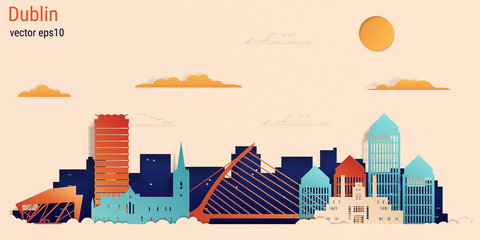 Dublin city colorful paper cut style, vector stock illustration. Cityscape with all famous buildings. Skyline Dublin city composition for design.
