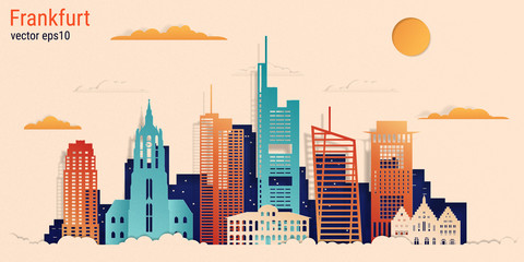 Frankfurt city colorful paper cut style, vector stock illustration. Cityscape with all famous buildings. Skyline Frankfurt city composition for design. - obrazy, fototapety, plakaty