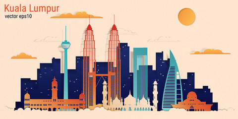 Fototapeta premium Kuala Lumpur miasto kolorowy papier cięty styl, ilustracji wektorowych. Pejzaż miejski ze wszystkimi słynnymi budynkami. Skyline Kuala Lumpur kompozycja miasta do projektowania.