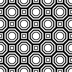 Black contour octagons and squares on a white background. Abstract seamless pattern. Vector drawing. Texture.
