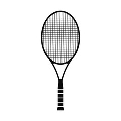 Tennis racket icon. Black silhouette. Vector drawing. Vertical view. Isolated object on a white background. Isolate.