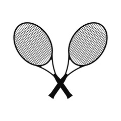 Tennis rackets icon. Vertical view. Black silhouette. Vector drawing. Isolated object on a white background. Isolate.