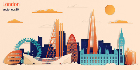 London city colorful paper cut style, vector stock illustration. Cityscape with all famous buildings. Skyline London city composition for design.