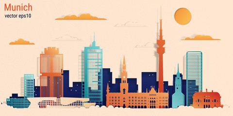 Munich city colorful paper cut style, vector stock illustration. Cityscape with all famous buildings. Skyline Munich city composition for design. - obrazy, fototapety, plakaty