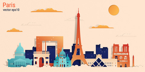 Paris city colorful paper cut style, vector stock illustration. Cityscape with all famous buildings. Skyline Paris city composition for design.