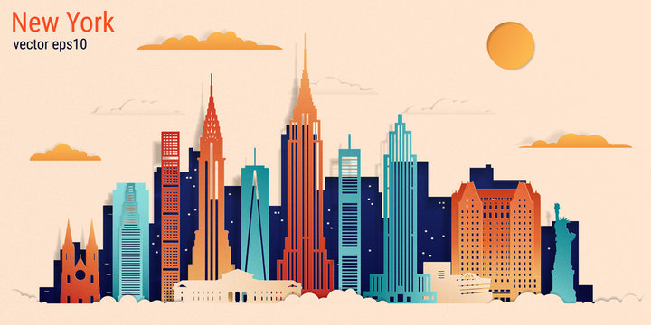 New York city colorful paper cut style, vector stock illustration. Cityscape with all famous buildings. Skyline New York city composition for design.