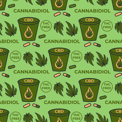 CBD Hemp seamless pattern. Hand drawn Illustration medical pills signs. Stock Vector design surface design