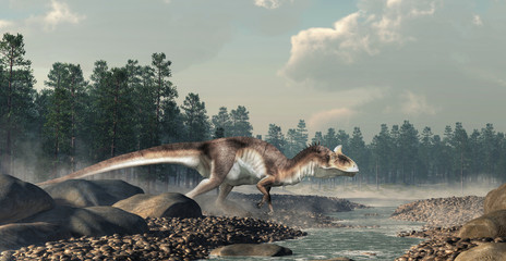 Cryolophosaurus was a carnivorous theropod dinosaur, known for its distinctive crest, it lived during the Jurassic in Antarctica. By a rocky stream.     3D Rendering.