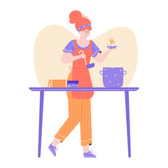 Female chef character. Cooking at home, in a restaurant or at a culinary course. A girl with a cook is standing near the pan. Vector flat illustration.