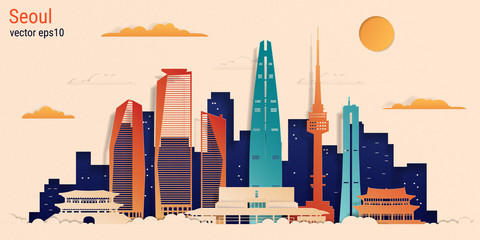 Seoul city colorful paper cut style, vector stock illustration. Cityscape with all famous buildings. Skyline Seoul city composition for design.