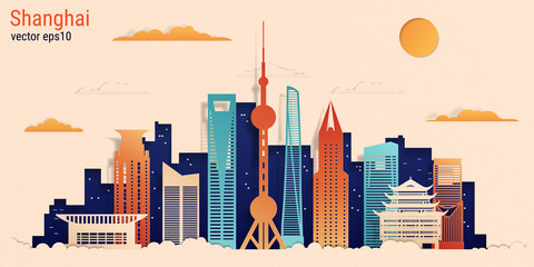 Shanghai city colorful paper cut style, vector stock illustration. Cityscape with all famous buildings. Skyline Shanghai city composition for design.