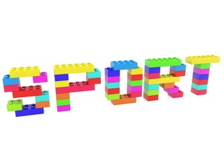 SPORT concept of color toy bricks on white background