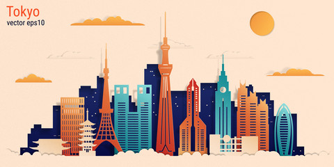 Tokyo city colorful paper cut style, vector stock illustration. Cityscape with all famous buildings. Skyline Tokyo city composition for design. - obrazy, fototapety, plakaty