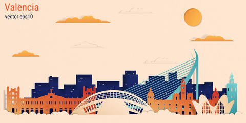 Naklejka premium Valencia city colorful paper cut style, vector stock illustration. Cityscape with all famous buildings. Skyline Valencia city composition for design.