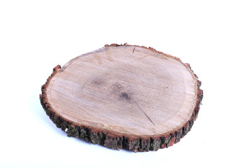 Detailed piece of circular flat cut wood showing annual rings, cracks, bark and texture.