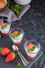 Natural yogurt with chia seeds and strawberries on a gray background. Breakfast chia seeds pudding with coconut milk and strawberries