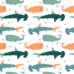 Seamless pattern with shark and dolphin. Cute cartoon character.