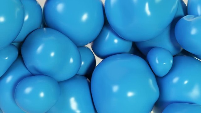 Abstract colorful blue squishy balls move and interact with each other with internal pressure trying to find a place for themselves.