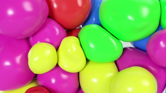 Abstract multicolored squishy balls move and interact with each other with internal pressure trying to find a place for themselves.