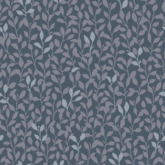 Seamless vector pattern with dense allover hand-drawn leaves in grey and blue on a dark grey background. Lush modern botanical repeat great for textiles, packaging, wrapping paper, gifts, home decor.