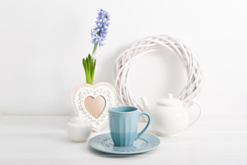 Spring card template. Happy Birthday or Easter. Women's Day. Greeting card for mother's day. Congratulation with flowers. Flower card. Copy space. Wedding invitation. Hyacinth on white background