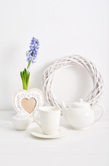 Spring card template. Happy Birthday or Easter. Women's Day. Greeting card for mother's day. Congratulation with flowers. Flower card. Copy space. Wedding invitation. Hyacinth on white background