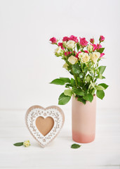 Spring card template. Happy Birthday or Valentine. Women's Day. Greeting card for mother's day. Congratulation with flowers. Flower card. Copy space. Wedding invitation. Roses on white background