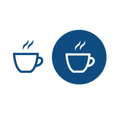 A cup of hot drink. Tea or coffee. Lunch break symbol. Two options. Vector blue icons.