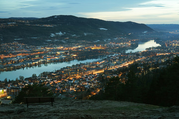 Drammen city in the night time. Norway.