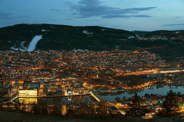 Night view of Drammen city in Norway.