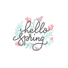 Cute bird on the branches. The Inscription Hello Spring trendy line lettering. Graphics Vectorhand drawn illustration.