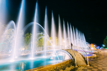 Batumi, Adjara, Georgia. Singing And Dancing Fountains Is Local Landmark At Boulevard Fountains. Night Illuminations